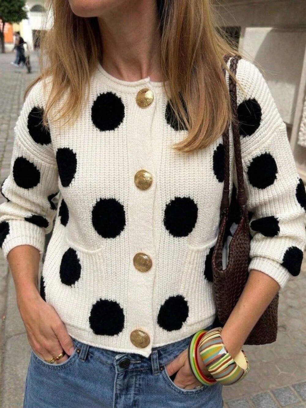 White Casual Women's Elegant Polka Dot Cardigan Sweater